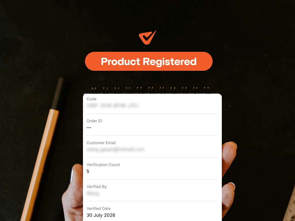 Product registration record showing code, order ID, and verified date