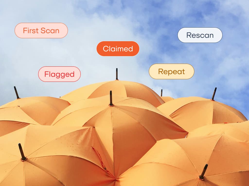 Scan status labels including Claimed, Rescan, and Flagged, illustrating duplicate-scan detection